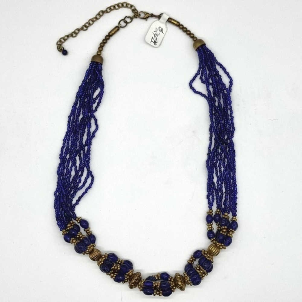 NWT Navy Blue Multi-Strand Beaded Necklace with Ornate Gold Accents